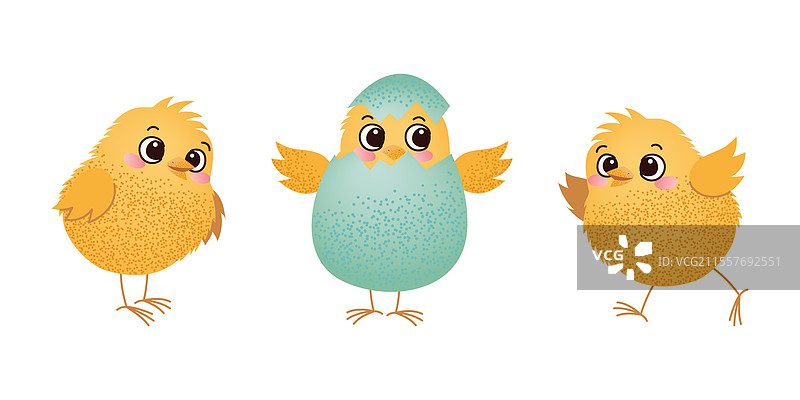 三只小鸡，其中一只正在从复活节彩蛋中孵化出来图片素材