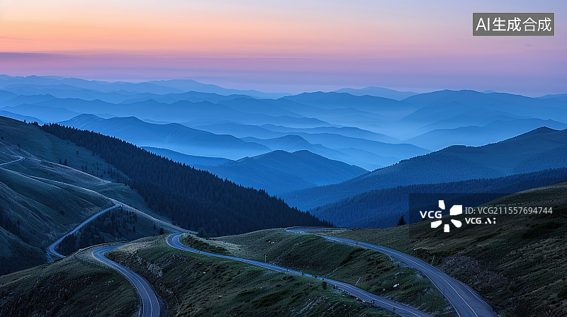 【AI数字艺术】高视角 日出的山川道路图片素材