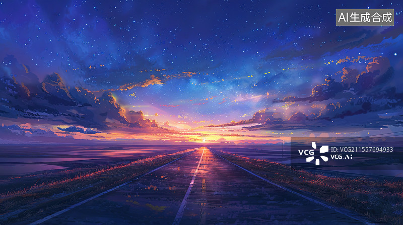 【AI数字艺术】星空下的道路图片素材