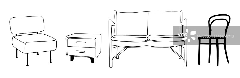 一套家具，包括椅子、沙发和床头柜图片素材