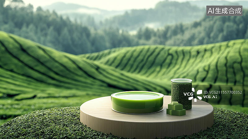 【AI数字艺术】抹茶茶具在茶园背景图片素材