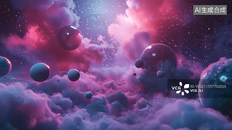 【AI数字艺术】粉紫星云中漂浮的多个行星场景图片素材