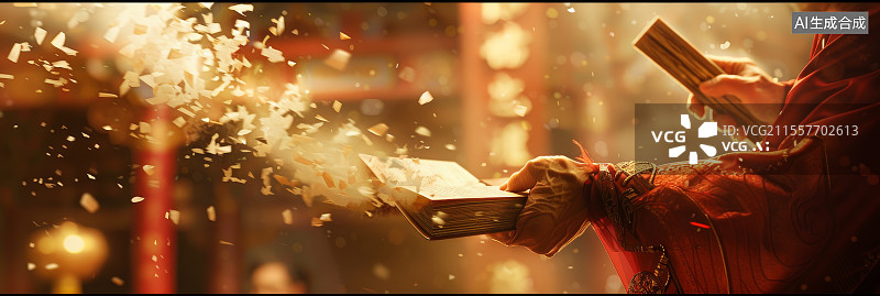 【AI数字艺术】古风人物双手捧书光芒四溢飘舞花瓣图片素材
