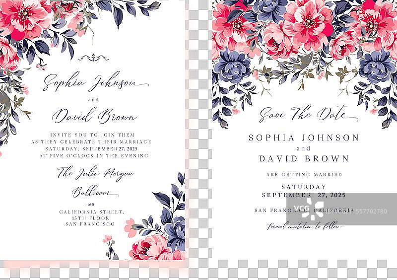 粉色水彩婚礼邀请函与粉色元素图片素材