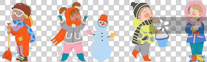 可爱的孩子角色在进行不同的冬季活动图片素材