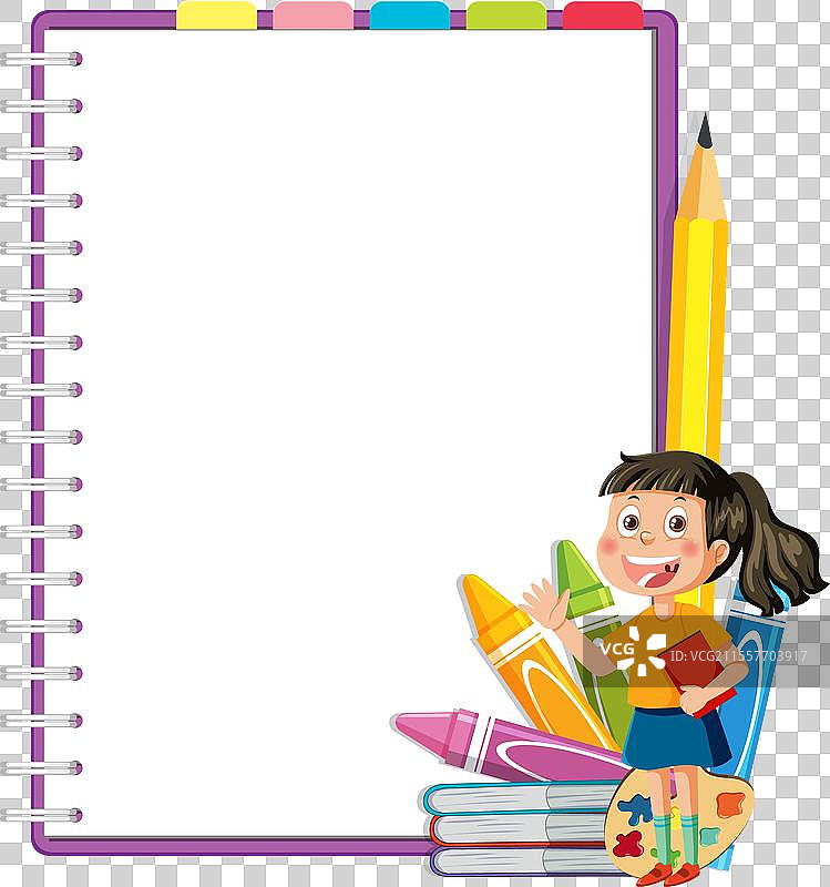 年轻女孩微笑着，身边有五彩缤纷的学习用品图片素材