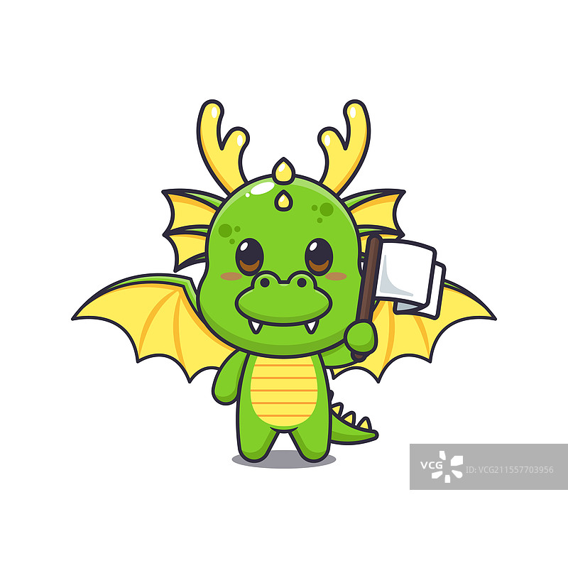 拿着白旗的龙吉祥物卡通角色图片素材