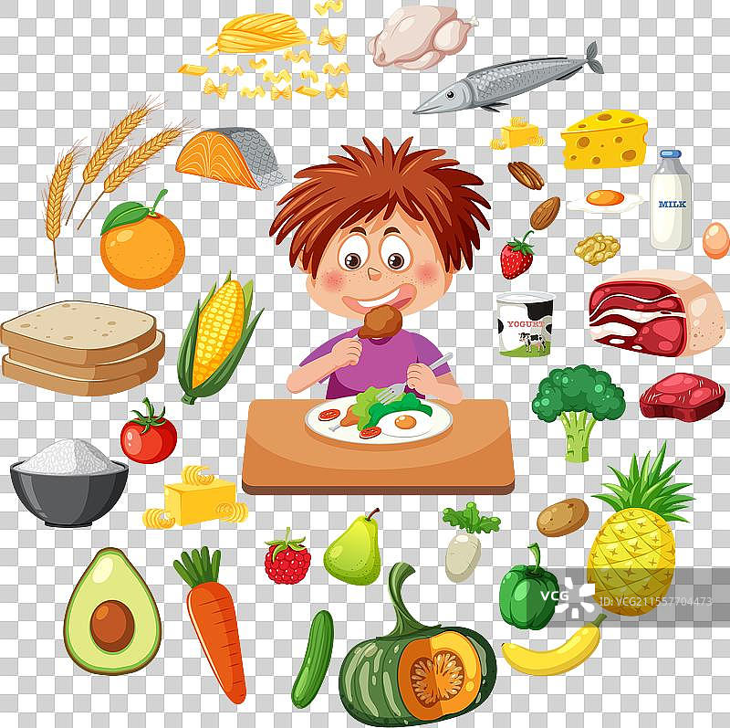 年轻男孩在各种食物中享用美食图片素材