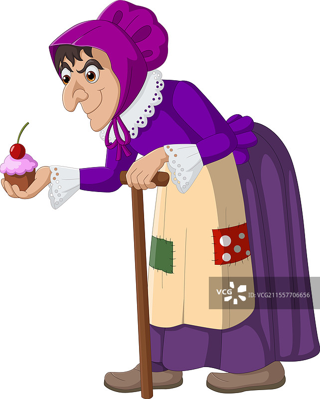 cartoon old poor lady holding cupcake图片素材
