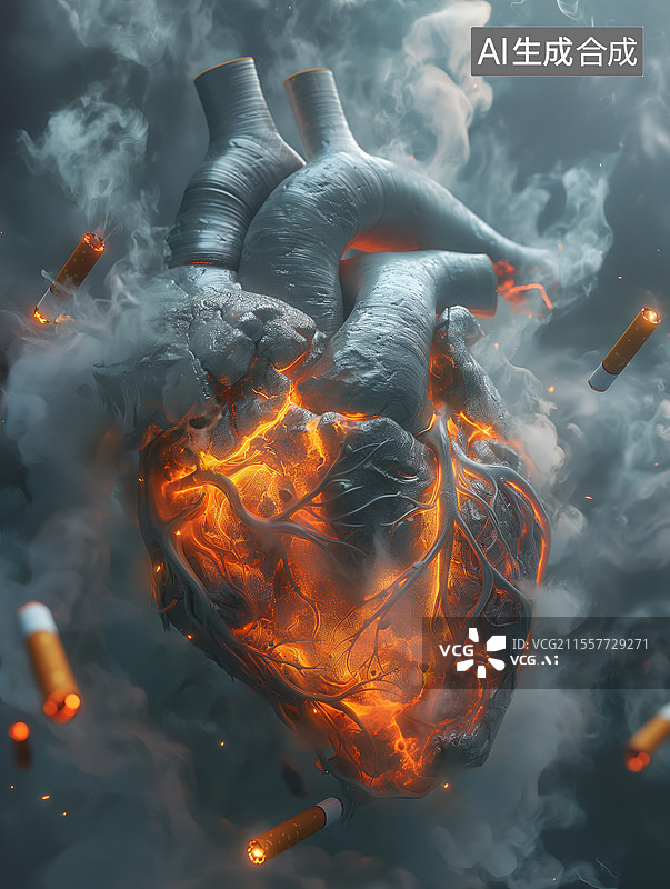 【AI数字艺术】烟头中间一颗黑色开裂的心脏图片素材