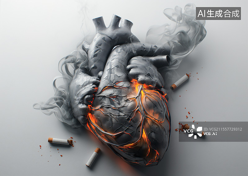 【AI数字艺术】烟头中间一颗黑色开裂的心脏图片素材