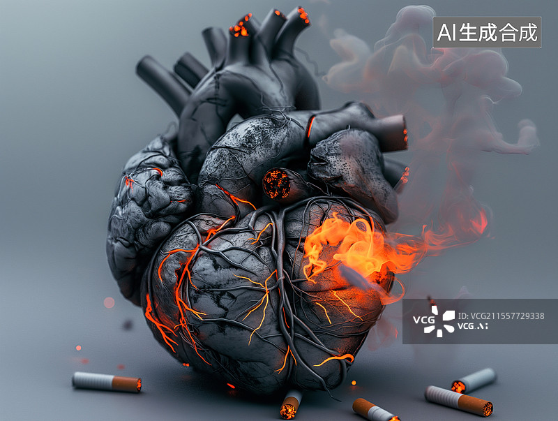 【AI数字艺术】烟头中间一颗黑色开裂的心脏图片素材