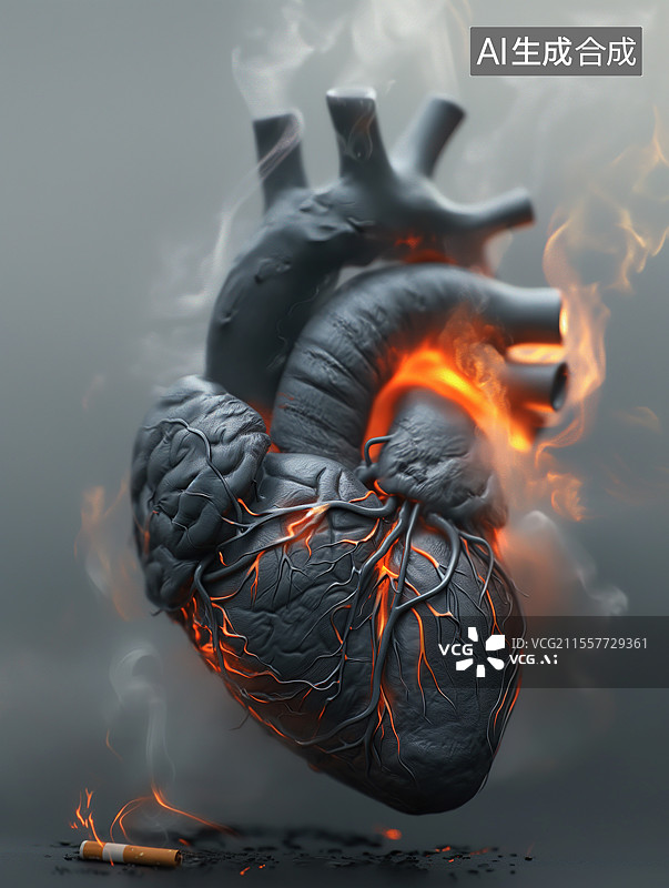 【AI数字艺术】烟头中间一颗黑色开裂的心脏图片素材