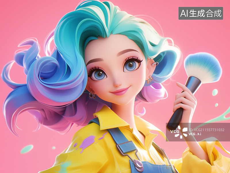 【AI数字艺术】一个染发的美少女手里拿着化妆笔图片素材