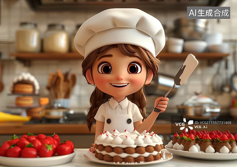 【AI数字艺术】一个可爱的3D面点师在做蛋糕图片素材