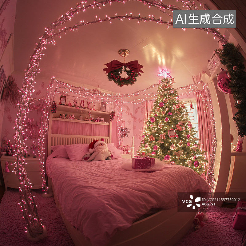 【AI数字艺术】圣诞女孩房间全景图片素材