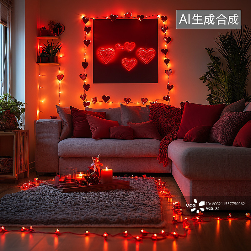 【AI数字艺术】红光环绕的浪漫客厅图片素材