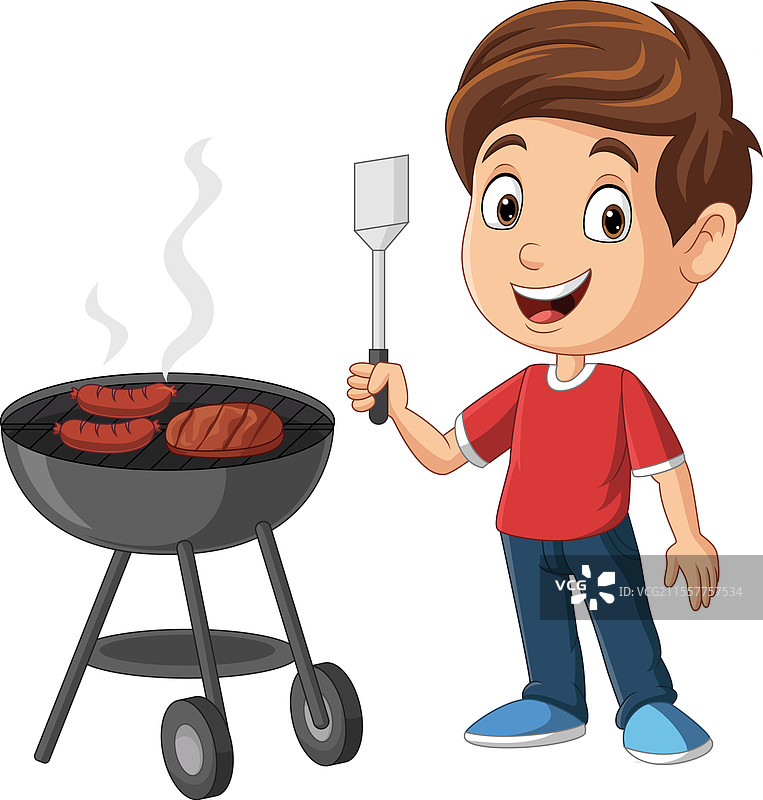 卡通小男孩在烤架上做食物图片素材
