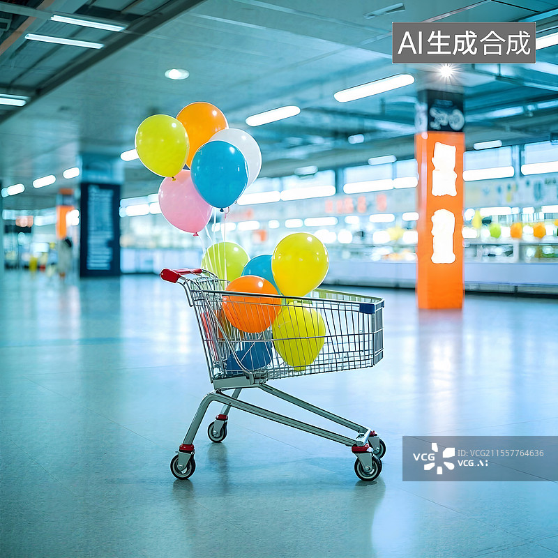 【AI数字艺术】购物车和彩色气球的特写镜头图片素材