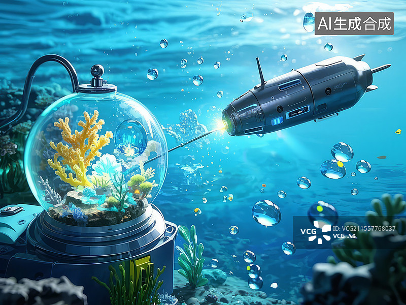 【AI数字艺术】微缩海洋温室 - 水滴内珊瑚礁与微型潜艇，玻璃球包裹生态系统图片素材