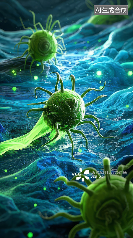 【AI数字艺术】螨虫末日 - 杀螨剂洪流席卷毛发森林，虫卵巢穴冲垮，荧光绿色死亡烟雾图片素材