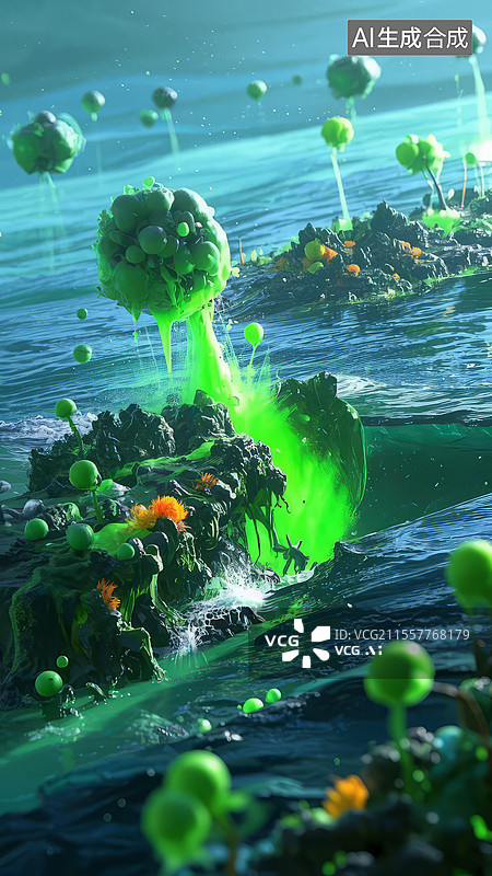 【AI数字艺术】螨虫末日 - 杀螨剂洪流席卷毛发森林，虫卵巢穴冲垮，荧光绿色死亡烟雾图片素材