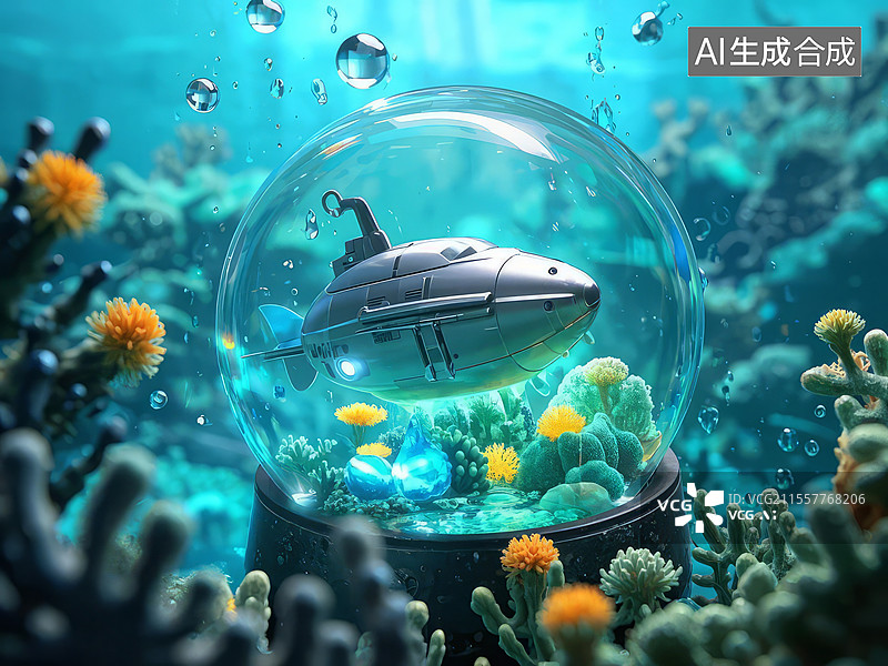 【AI数字艺术】微缩海洋温室 - 水滴内珊瑚礁与微型潜艇，玻璃球包裹生态系统图片素材