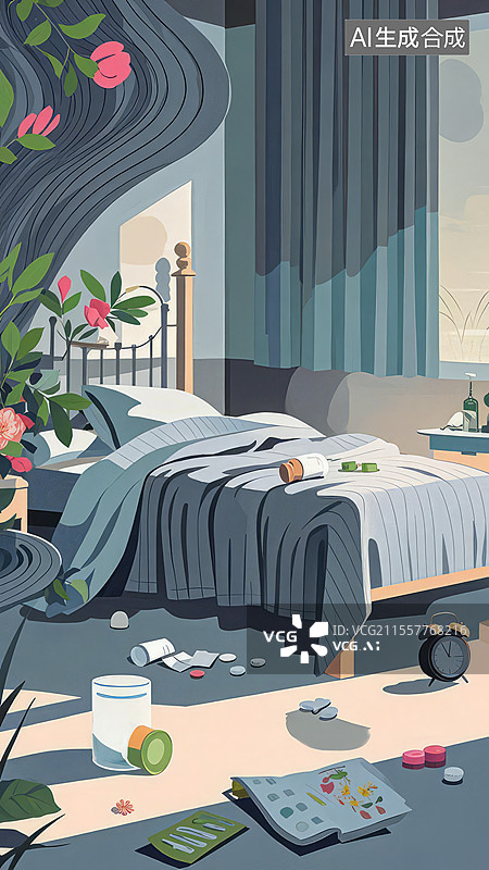 【AI数字艺术】抑郁清晨：未开封药瓶与电子监控，现代性失眠下的卧室困境与生存痕迹图片素材