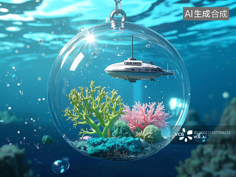 【AI数字艺术】微缩海洋温室 - 水滴内珊瑚礁与微型潜艇，玻璃球包裹生态系统图片素材