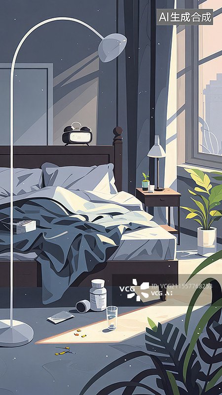 【AI数字艺术】抑郁清晨：未开封药瓶与电子监控，现代性失眠下的卧室困境与生存痕迹图片素材