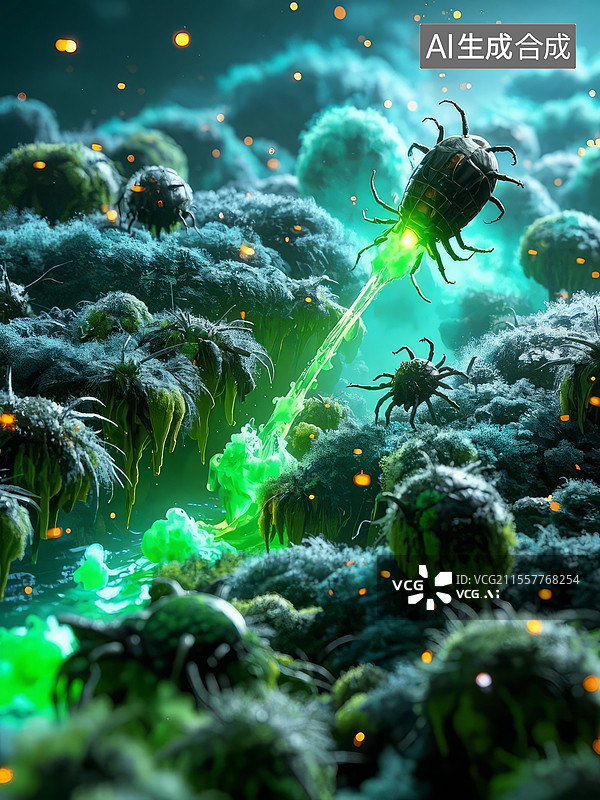 【AI数字艺术】螨虫末日 - 杀螨剂洪流席卷毛发森林，虫卵巢穴冲垮，荧光绿色死亡烟雾图片素材