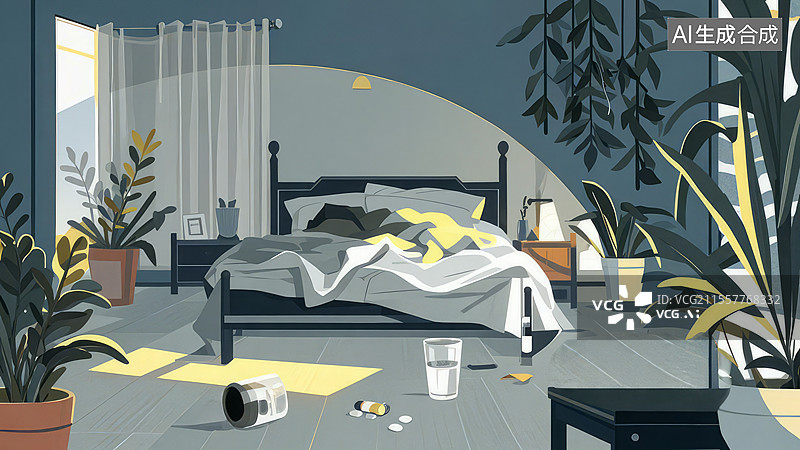 【AI数字艺术】抑郁清晨：未开封药瓶与电子监控，现代性失眠下的卧室困境与生存痕迹图片素材