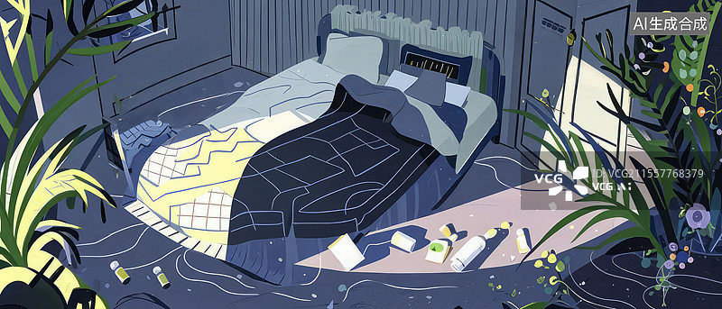 【AI数字艺术】抑郁清晨：未开封药瓶与电子监控，现代性失眠下的卧室困境与生存痕迹图片素材