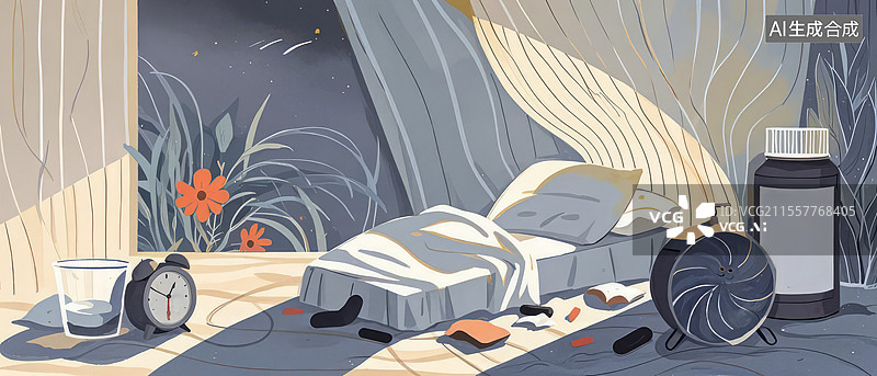 【AI数字艺术】抑郁清晨：未开封药瓶与电子监控，现代性失眠下的卧室困境与生存痕迹图片素材