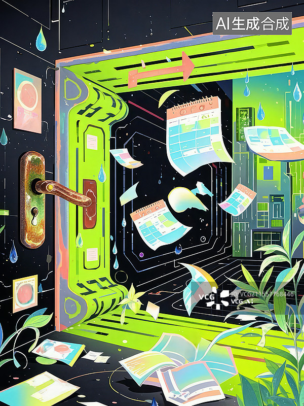 【AI数字艺术】未来迷失通道：悬浮日历与算法推荐，数字眩晕中的时间贫困与机遇焦虑图片素材