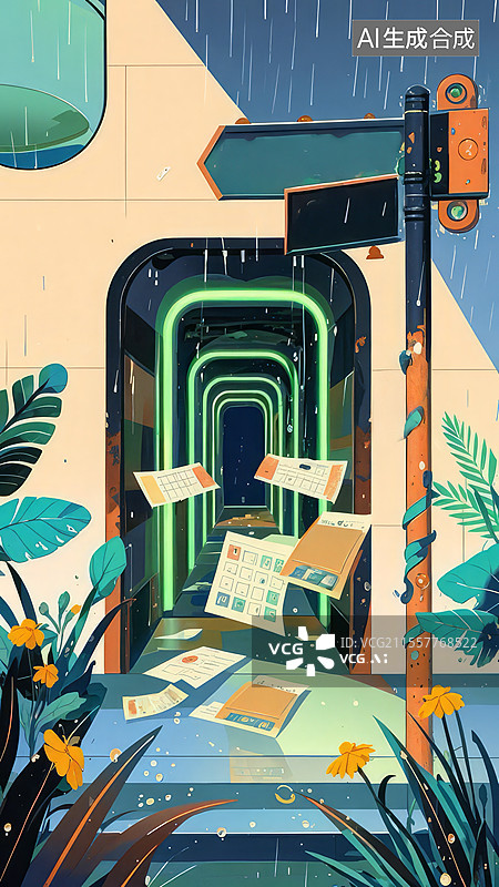 【AI数字艺术】未来迷失通道：悬浮日历与算法推荐，数字眩晕中的时间贫困与机遇焦虑图片素材