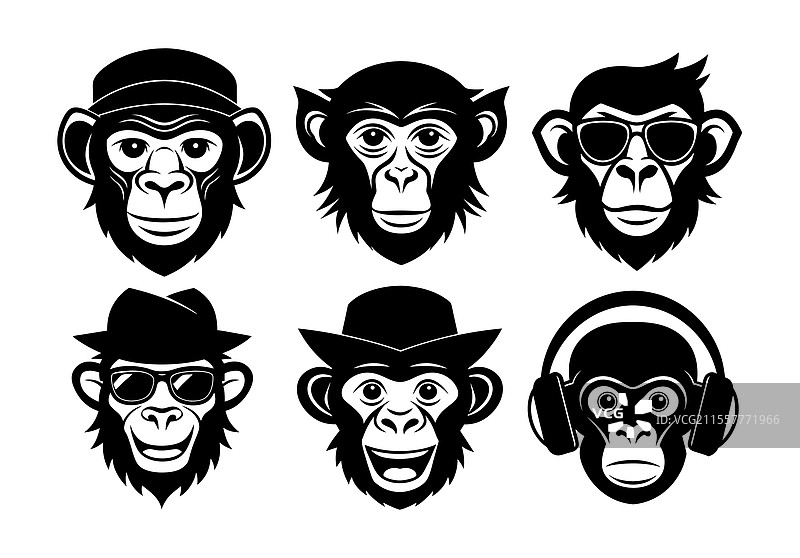 一组有趣的猴子剪影头部图片素材