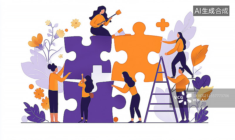 【AI数字艺术】扁平风团队合作拼图图片素材