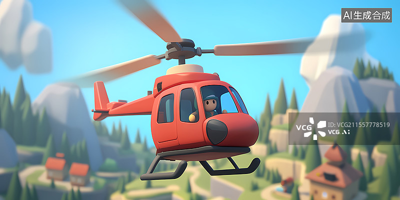 【AI数字艺术】红色直升机飞越山间小村庄图片素材