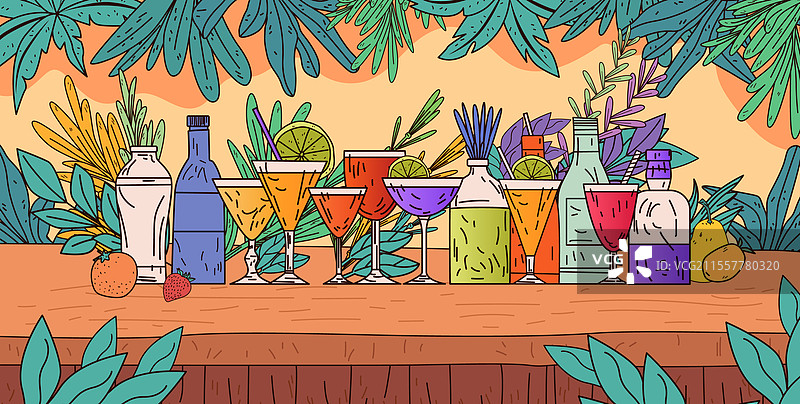 色彩缤纷的鸡尾酒饮品，热带酒吧环境图片素材