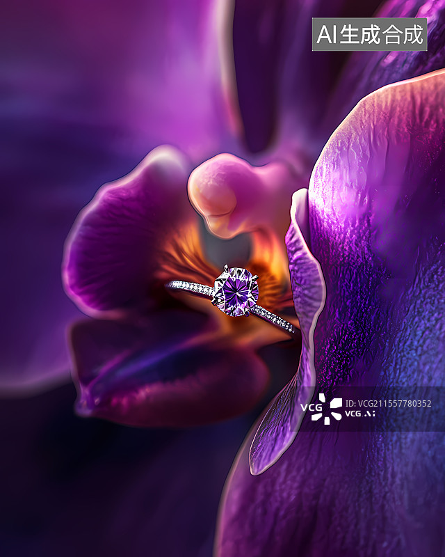 【AI数字艺术】钻戒静置于紫兰花瓣间图片素材