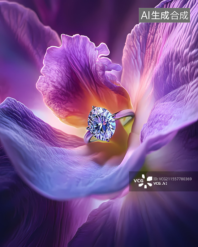 【AI数字艺术】紫花绽蕊间钻戒闪耀夺目图片素材