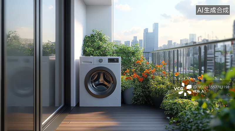 【AI数字艺术】阳台上的洗衣机家居场景图片素材