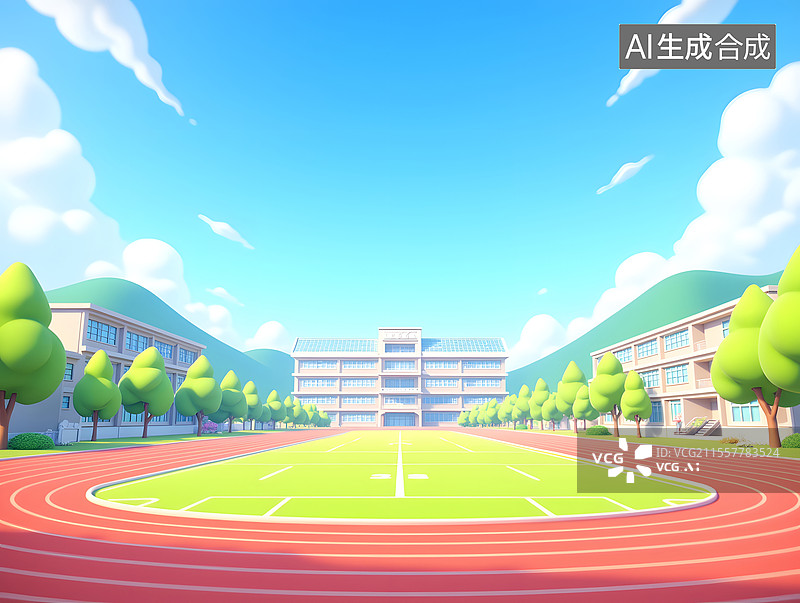【AI数字艺术】学校的操场和教学楼3D场景图片素材
