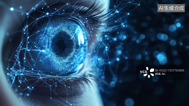 【AI数字艺术】人眼扫描和虹膜特写，未来生物识别技术概念图片素材