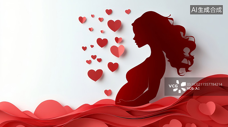 【AI数字艺术】幸福的孕妇抚摸肚子剪纸风格插画图片素材