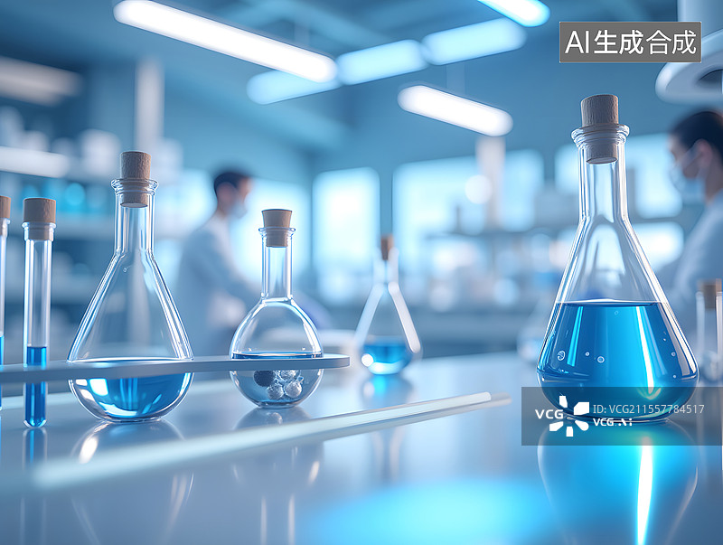 【AI数字艺术】实验室里的烧杯和试管3D渲染图片素材