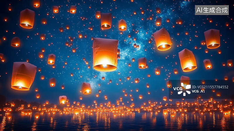 【AI数字艺术】夜空下的孔明灯图片素材