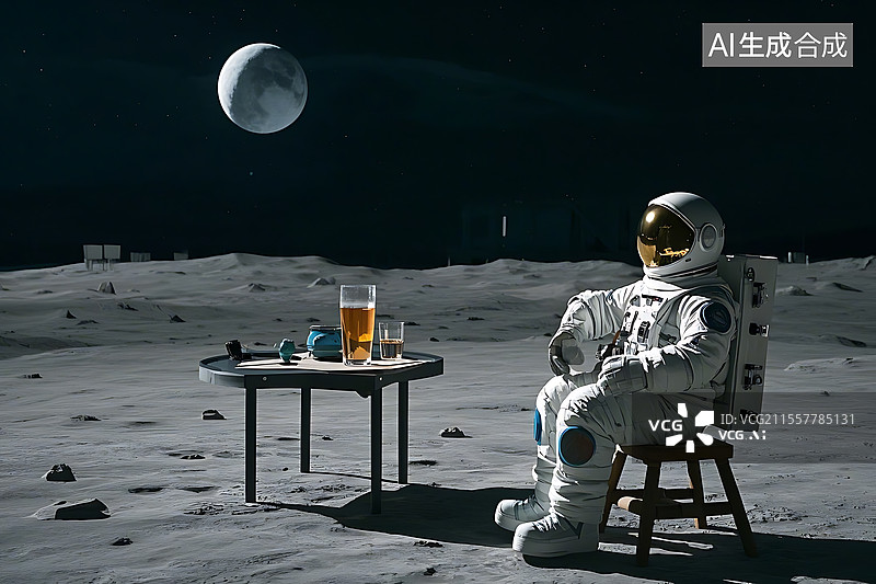 【AI数字艺术】宇航员在月球的桌子上喝茶图片素材