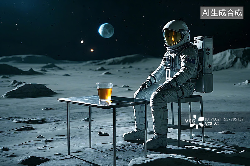 【AI数字艺术】宇航员在月球的桌子上喝茶图片素材